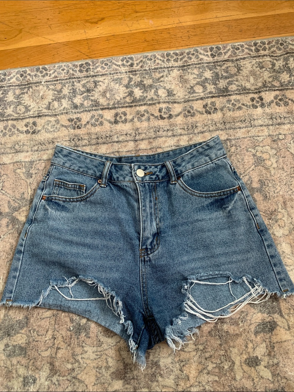 High rise blue denim shorts